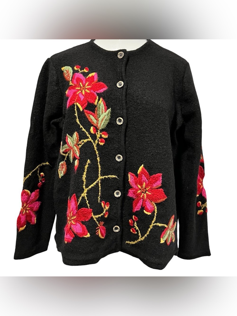 Susan Bristol Vtg Floral Button Cardigan, Black Wool Size Small